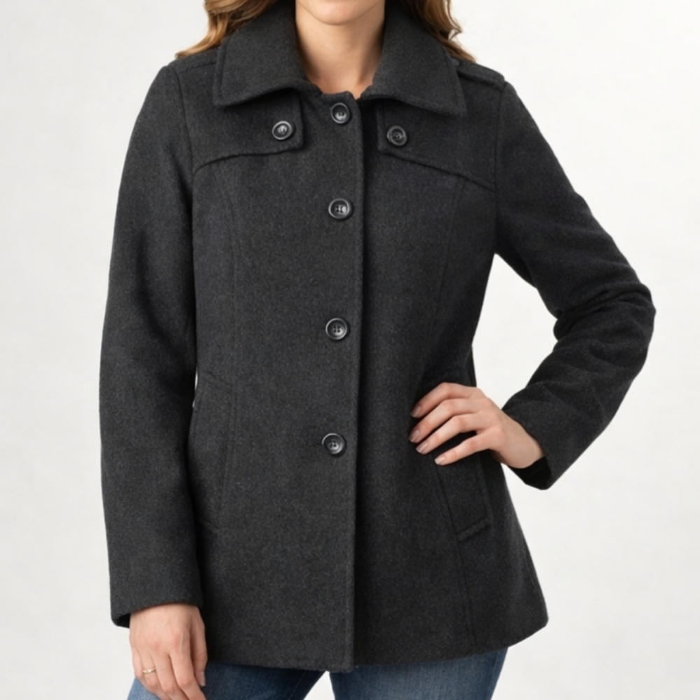 London Fog Pea Coat Womens Petite‎ Large Gray Wool Cashmere Blenda Jacket Winter